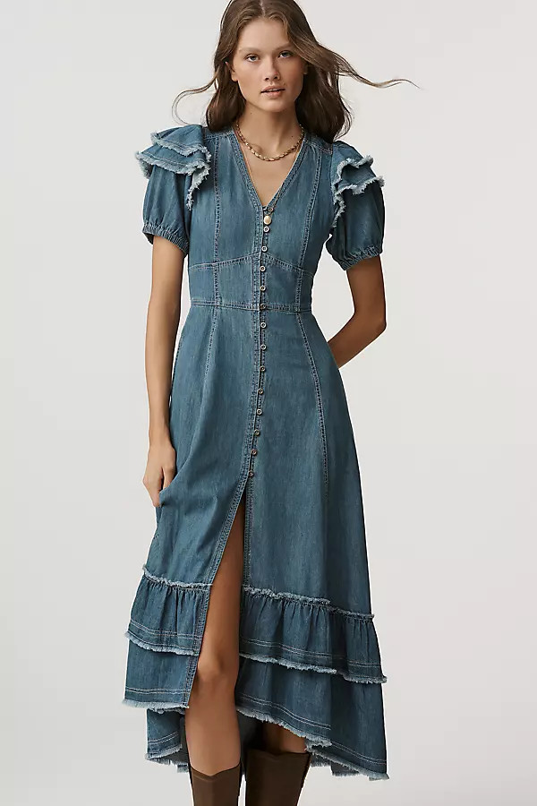 Pilcro Short-Sleeve Ruffled Midi Shirt Dress | Anthropologie (US)