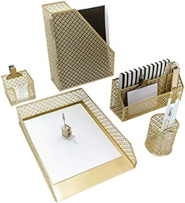 Blu Monaco 5 Piece Cute Gold Desk Organizer Set - Desk Organizers and Accessories for Women - Cut... | Amazon (US)
