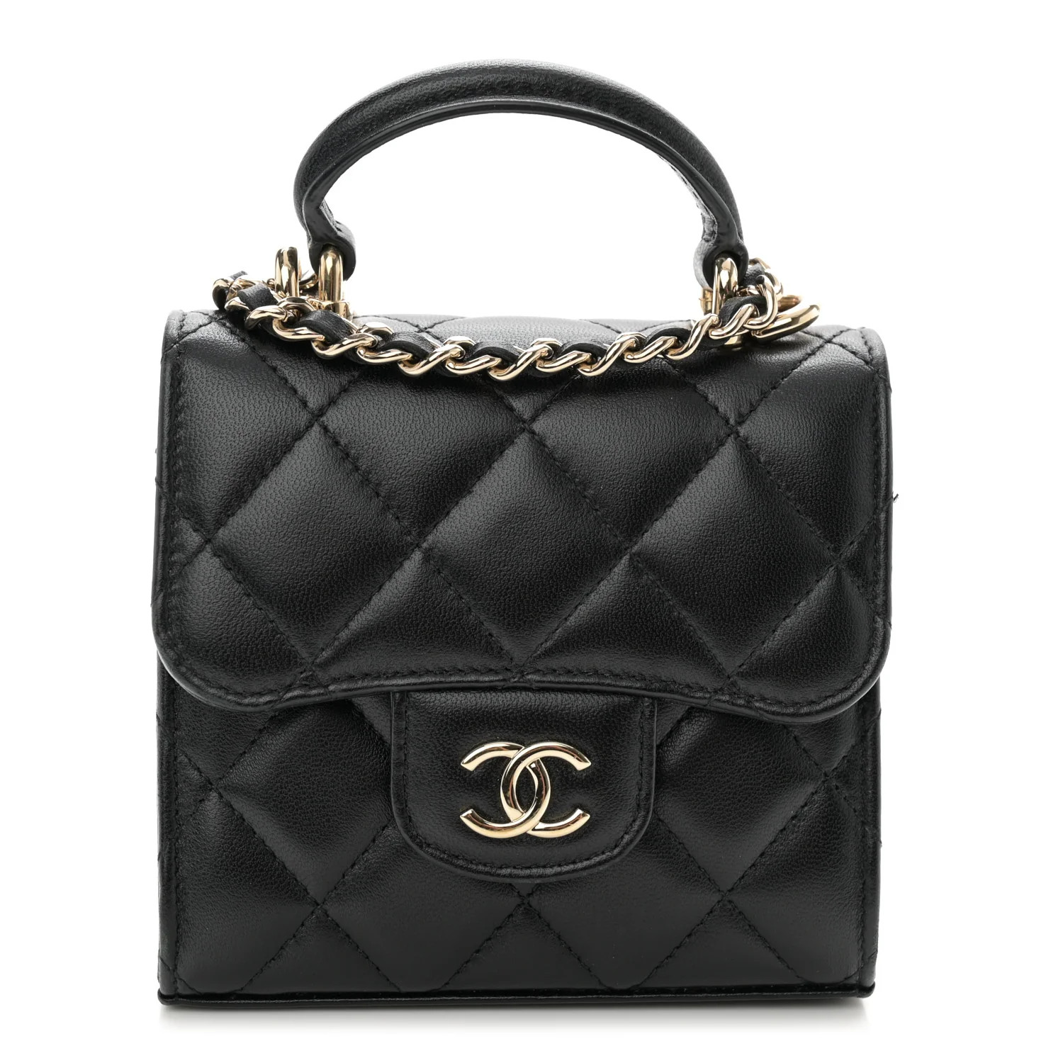 Lambskin Quilted Top Handle Flap Clutch With Chain Black | FASHIONPHILE (US)