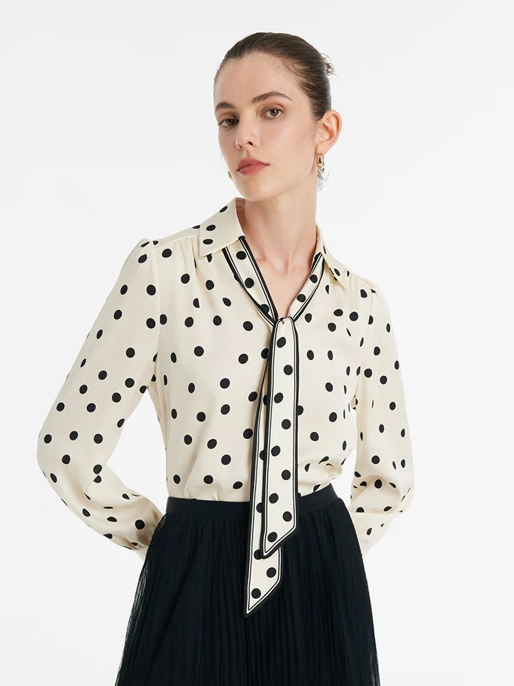 22 Momme Mulberry Silk Polka Dots Printed Women Shirt With Flaps | GOELIA