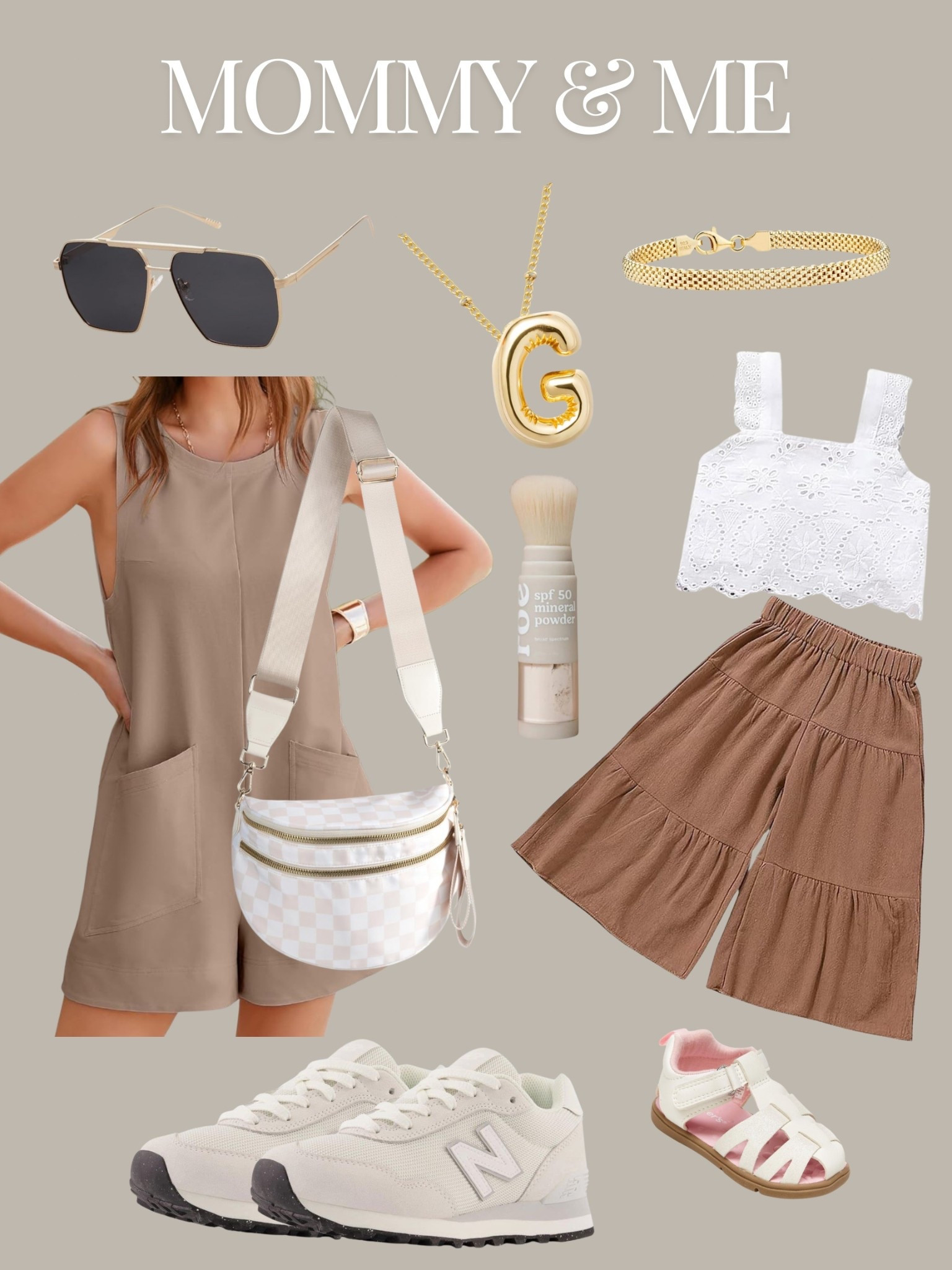 MOMMY & ME NEUTRALS 🤎

Matching in style and comfort!
👜 Checkered belt bag — hands-free & mom-life approved, can fit diapers, wipes, & so so much more
👟 New Balance sneakers — comfy enough for all-day outings
👧 Tiered toddler culottes + eyelet crop top — the sweetest neutral set
🕶️ Aviator sunnies + initial necklace — effortless everyday mom accessories
💛 Gold mesh bracelet — the perfect minimal touch
☀️ SPF powder brush — a must for easy, mess-free sun protection on the go!

Shop everything on my LTK — linked by product!
#MommyAndMe #LTKFinds #LTKKids #LTKMom #NeutralOutfits #MomStyle #ToddlerStyle #MatchingWithMini #AmazonFinds #PinterestStyle

#LTKKids #LTKFamily #LTKSummerEdit