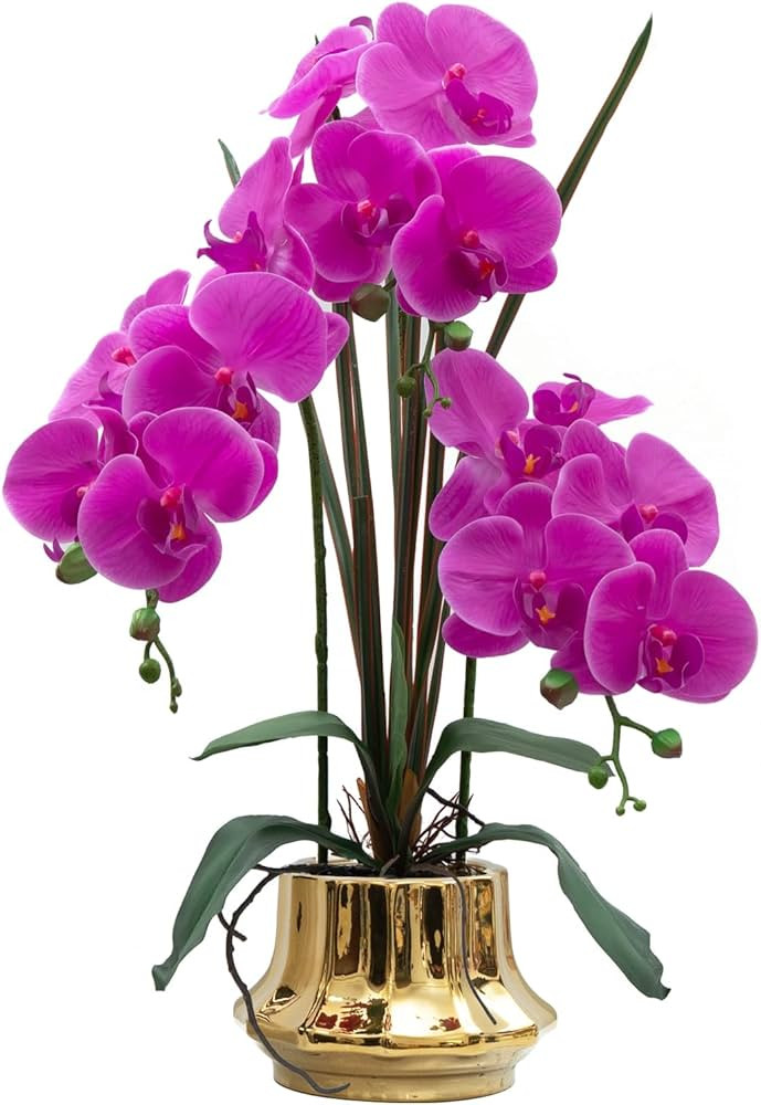 CXGS Artificial Orchid Flower Plant 20.9'' Realistic Latex Faux Orchids in Ceramic Vase Purple Fa... | Amazon (US)