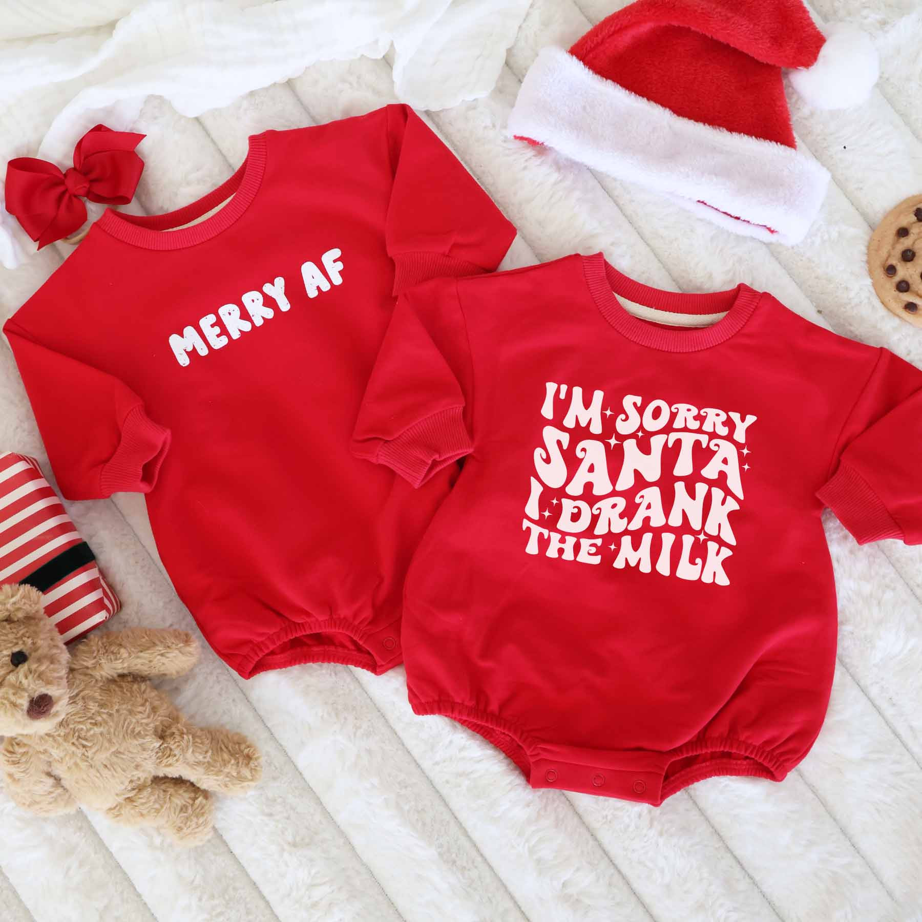 Christmas Sweatshirt Bubble Romper | Berry Red | Caden Lane