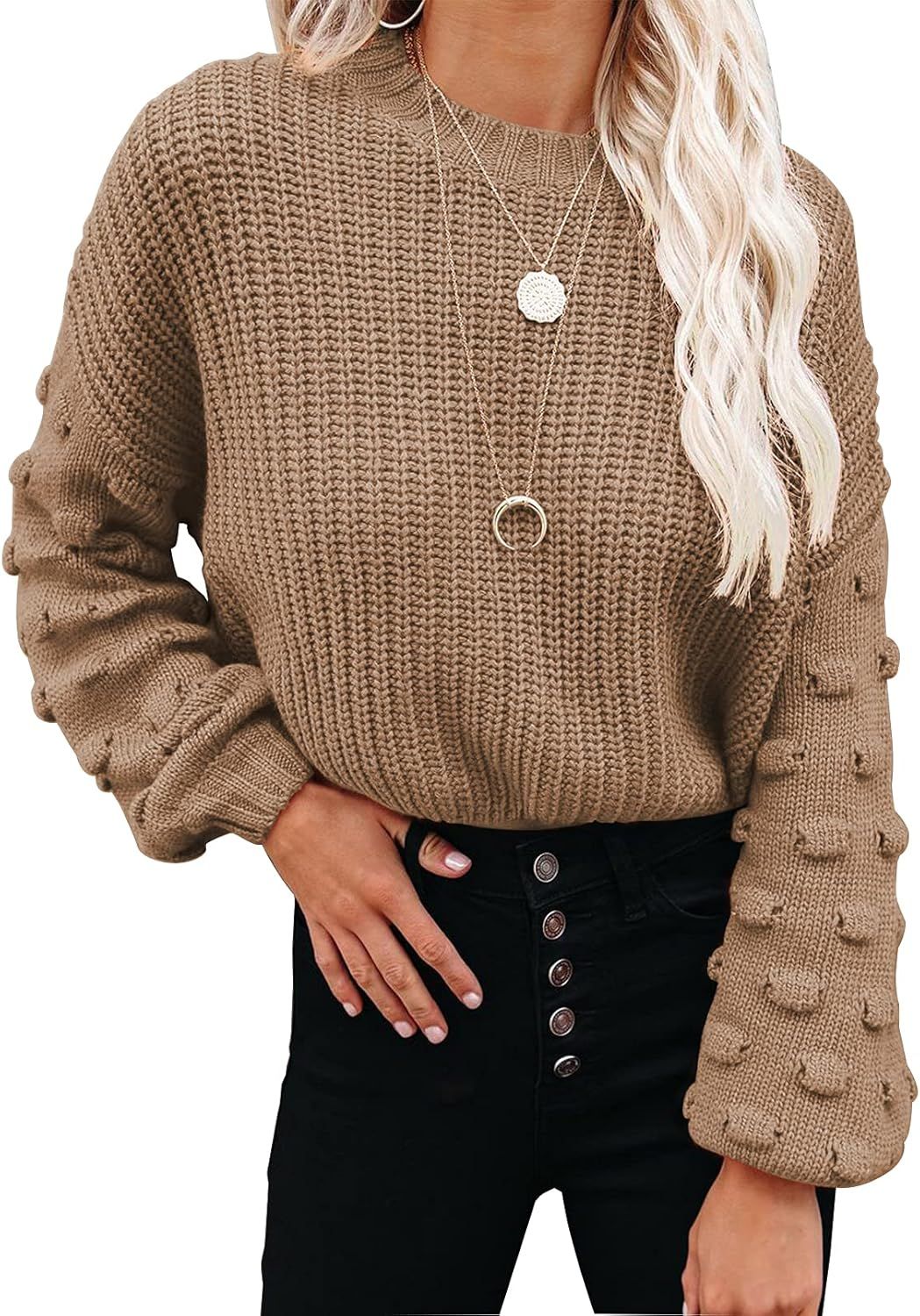 CFLONGE Women Crew Neck Chunky Knit Sweater Lantern Sleeve Oversized Drop Shoulder Loose Pullover... | Amazon (US)