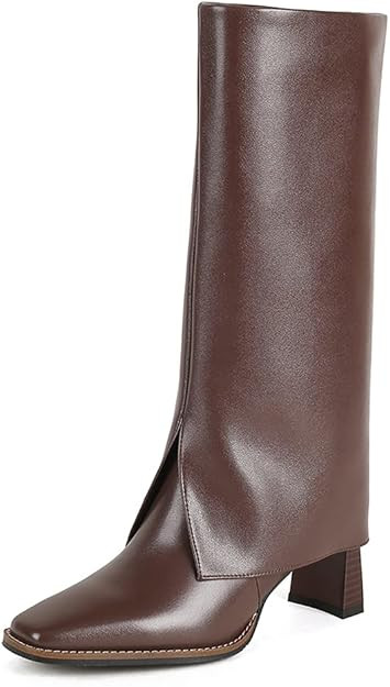 TinaCus Handmade Women's Genuine Leather Mid Heel Classic Square Toe Pull On Chic Calf-High Boots | Amazon (US)