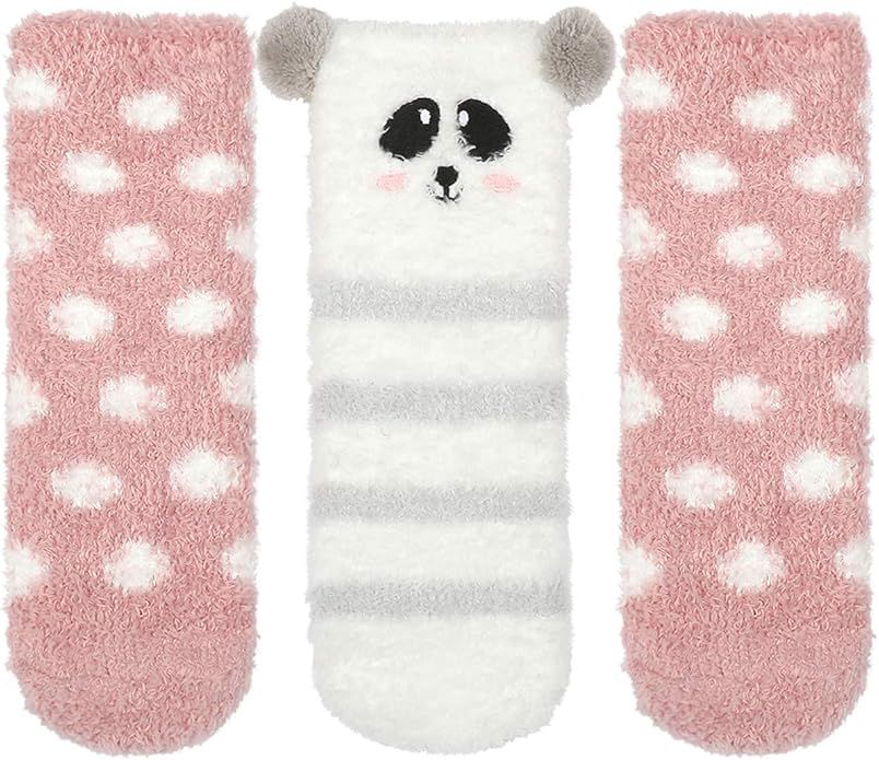 Panda Bros Girls Warm Fuzzy Fluffy Socks, Non Skid Slipper Socks for Kids, 3 Pairs | Amazon (US)