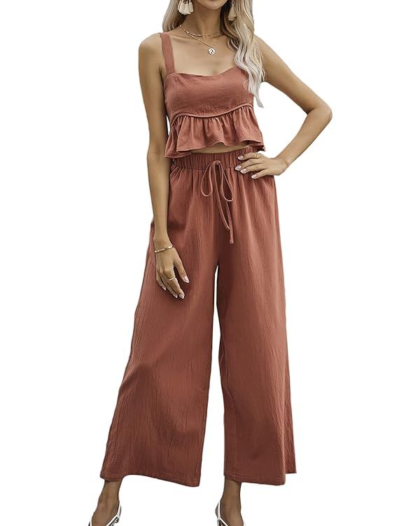 LYANER Women's 2 Piece Outfits Ruffle Trim Sleeveless Backless Crop Top and Drawstring Long Pant | Amazon (US)