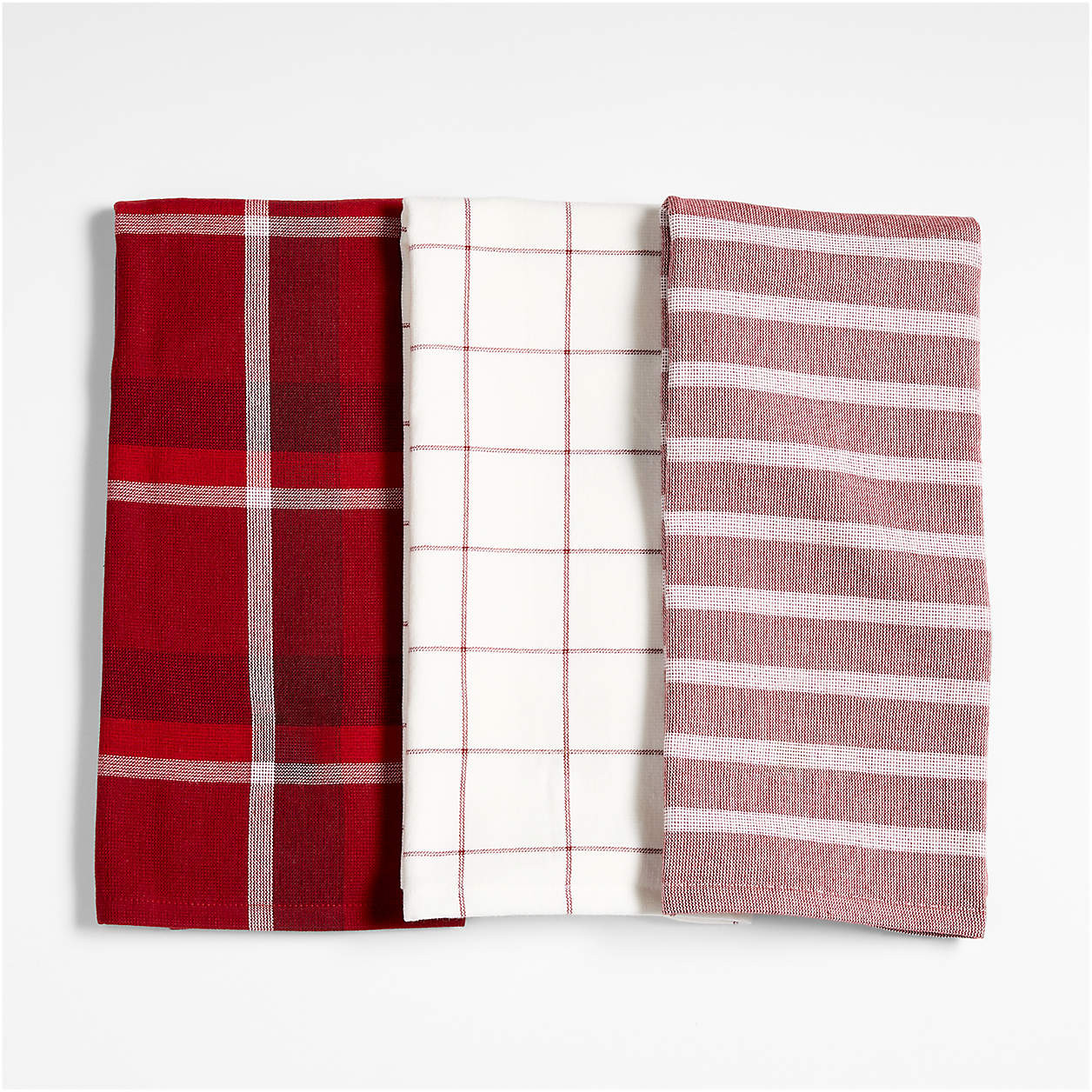 Holiday Red Plaid and Stripe Organic Cotton Kitchen Towels, Set of 3 + Reviews | Crate & Barrel | Crate & Barrel