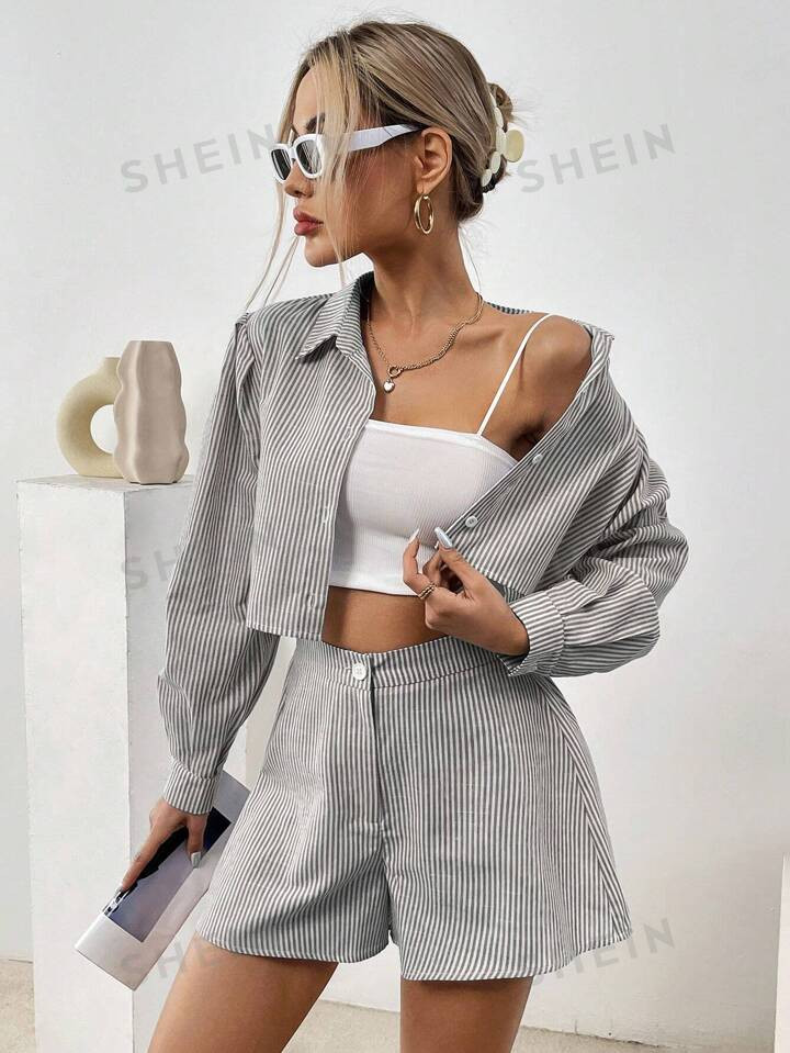 SHEIN Essnce Women'S Striped Shirt + Shorts Two Piece Set, Business Outfit | SHEIN