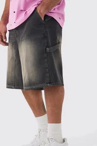 Plus Carpenter Detail Denim Jorts In Grey | boohooMAN (US & Canada)