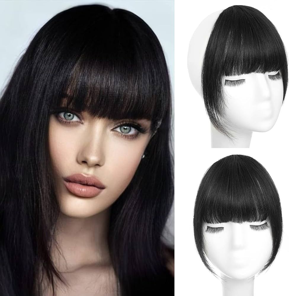 WECAN Clip in Bangs 100% Human Hair Extensions Hair Clip Natural Black Fringe with Temples Wigs f... | Amazon (US)