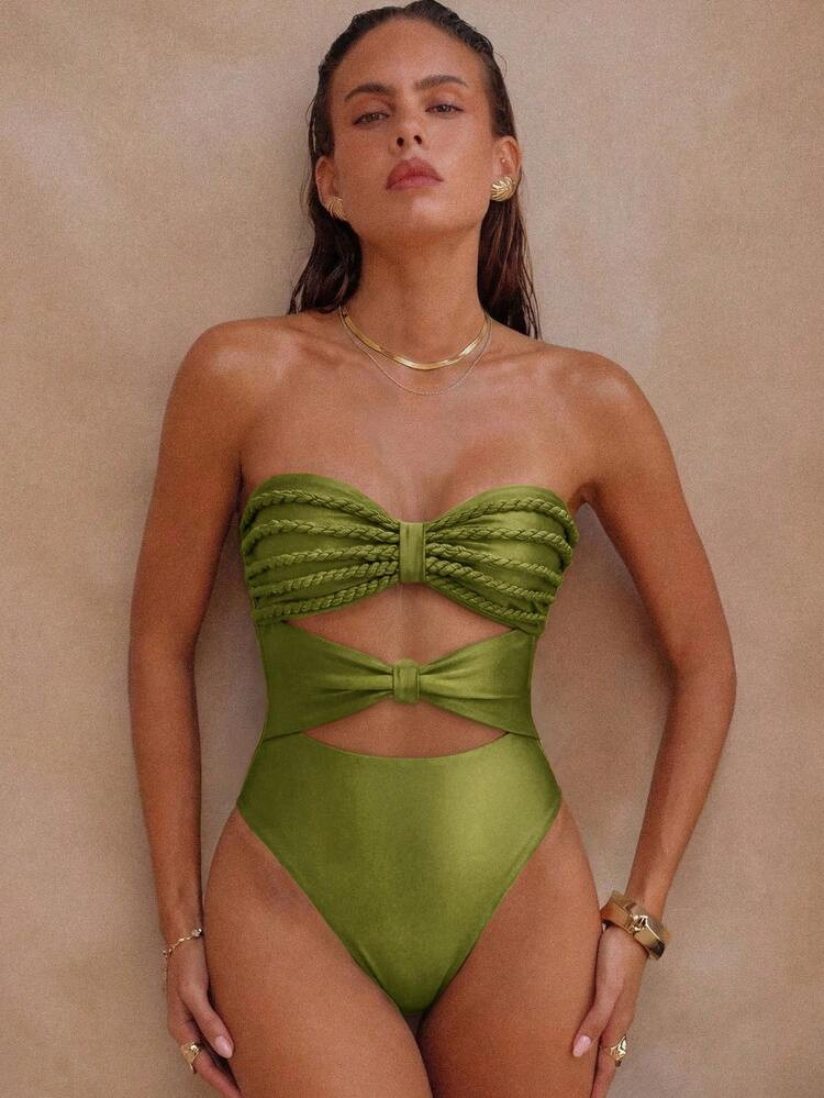 Women's High Waist Swimwear Elegant One-Piece With Spaghetti Strap Cut Out And Braid Detail High Stretch Vacation Beach Summer | SHEIN