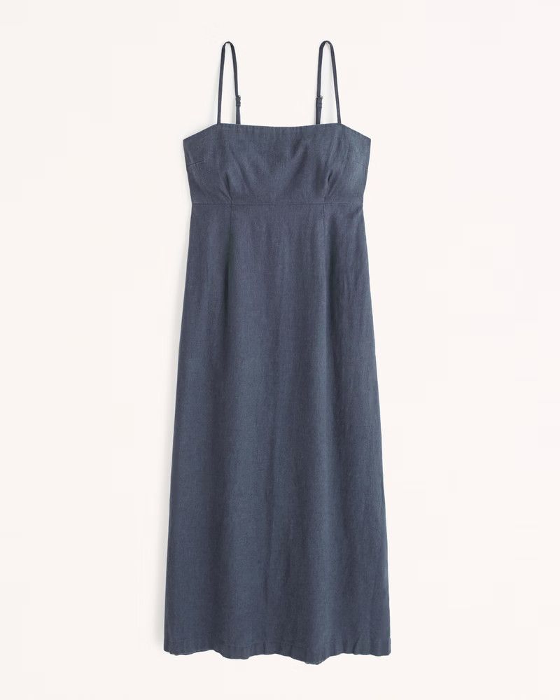 Linen-Blend Midi Dress | Navy Blue Dress | Navy Dress | Blue Midi Dress | Spring Summer Dresses 2023 | Abercrombie & Fitch (US)