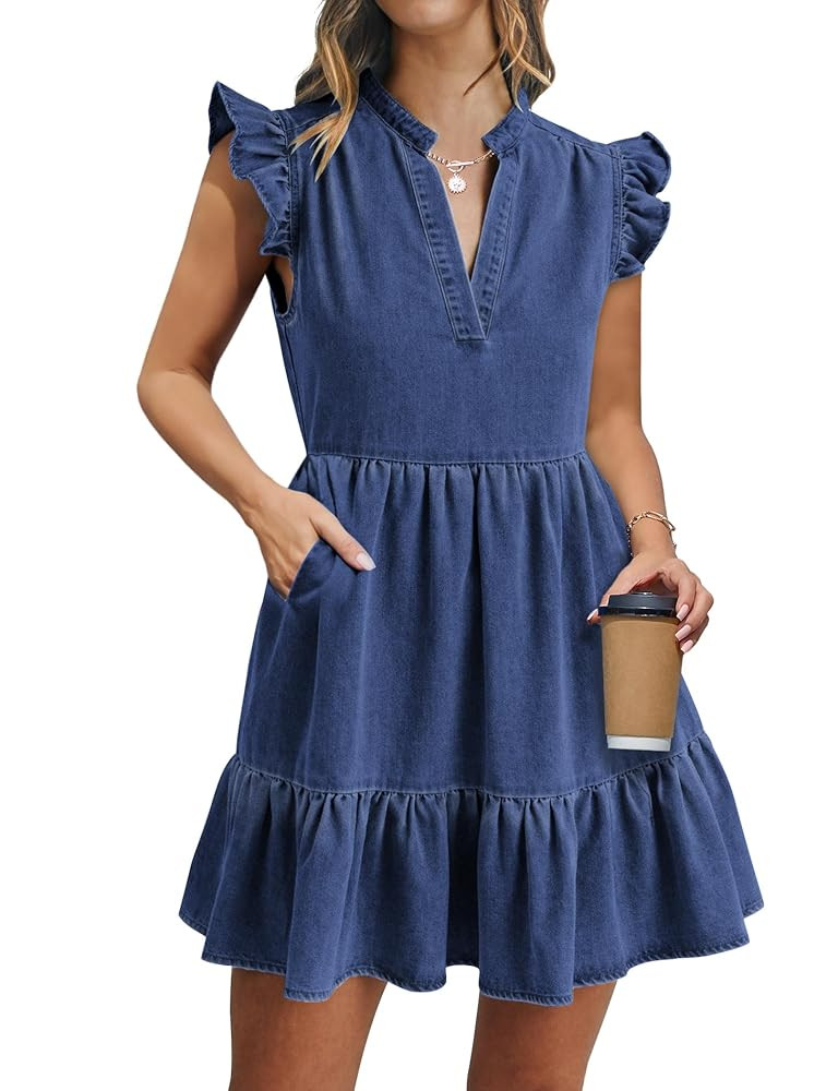 Denim Dress for Women Ruffle Short Sleeve V Neck Jean Mini Dress with Pockets | Amazon (US)