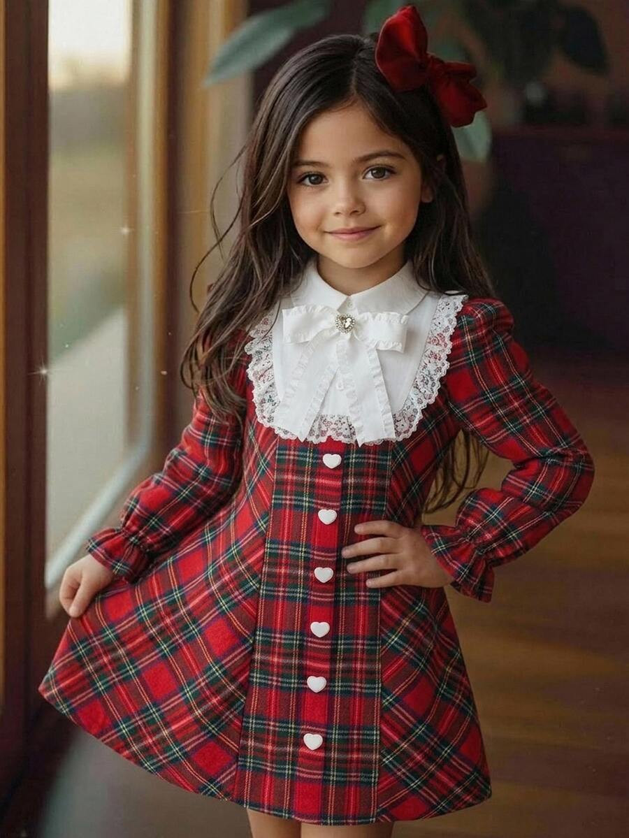 SHEIN Kids Young Girl Plaid Lace Patchwork Bow Decor Dress | SHEIN