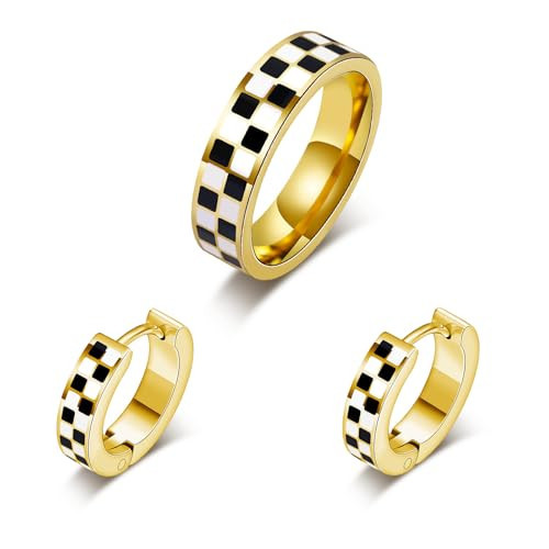 Checkered Jewelry Set for Women - 18K Gold Plated Stainless Steel Checkerboard Ring & Black and White Checkered Hypoallergenic Chunky Huggie Hoop Earring, Gift-Ready Packaging for Her (Gold, 6) | Amazon (US)