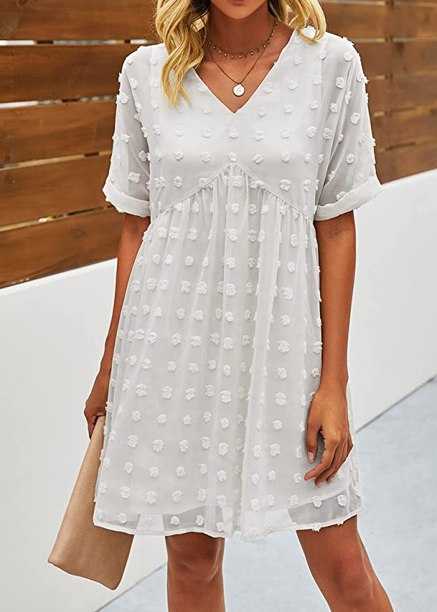 KIRUNDO 2023 Summer Womens Short Sleeve Mini Dress V Neck Flowy Casual Dress Swiss Dot Loose Shor... | Amazon (US)