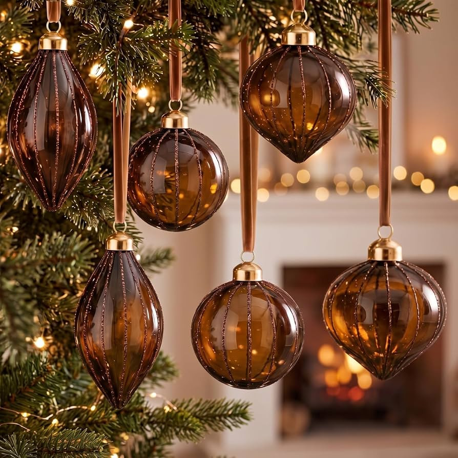 Seenelling 6 Pcs Amber Brown Glass Christmas Ornaments for Xmas Tree Decor | Amazon (US)