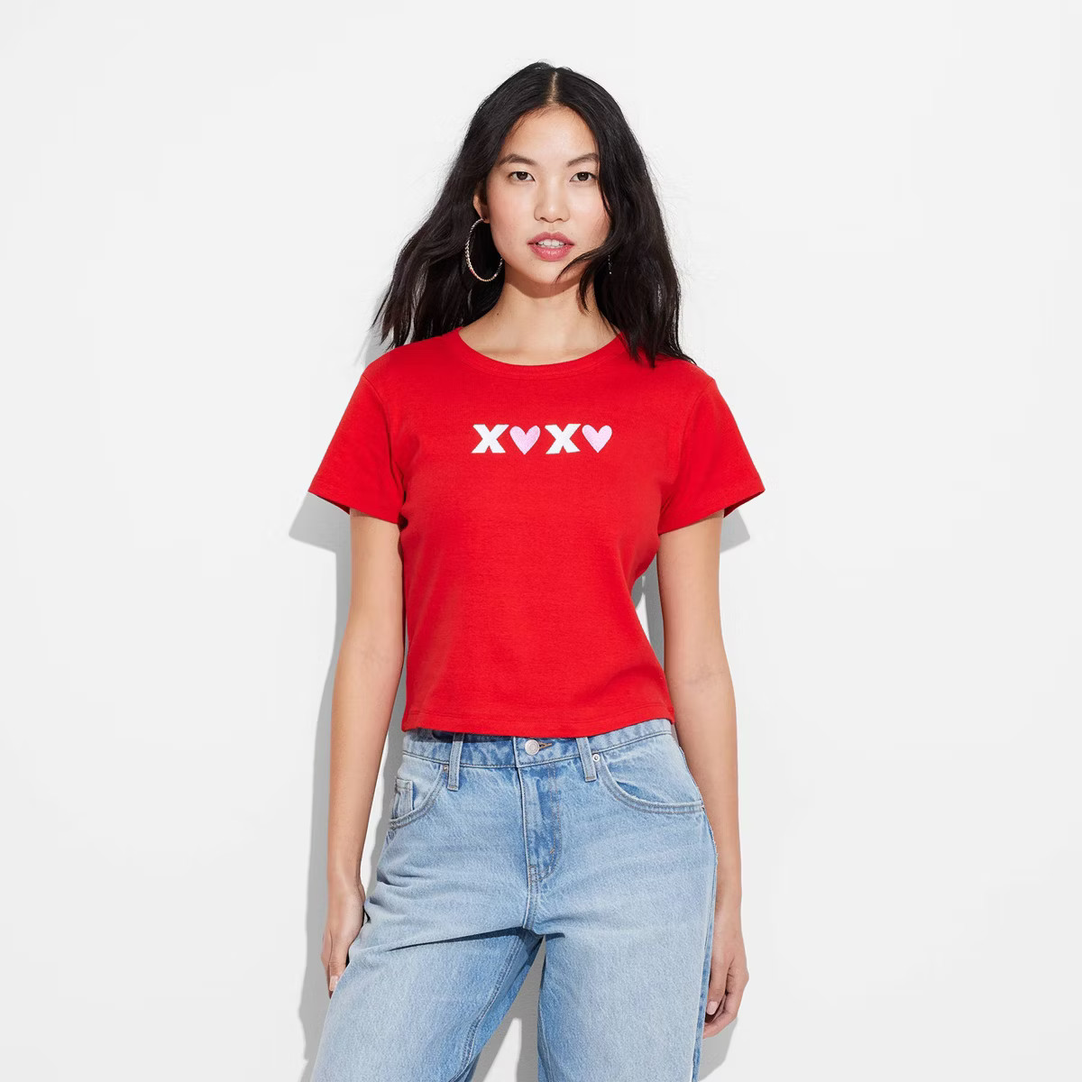 Women's XOXO Short Sleeve Graphic Baby T-Shirt - Red | Target