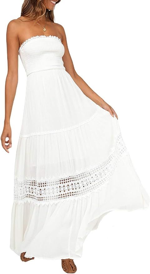 Amegoya Women's Casual Off Shoulder Maxi Dress White Coton Strapless Tube Beach Dresses | Amazon (US)