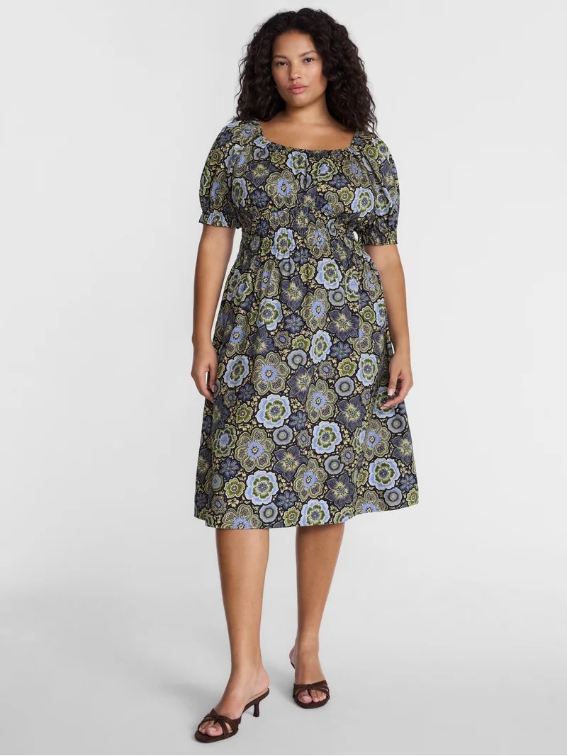 Terra & Sky Women's Plus Smocked Cotton Midi Dress with Short Puff Sleeves, Sizes- 0X-5XTS GATHER... | Walmart (US)