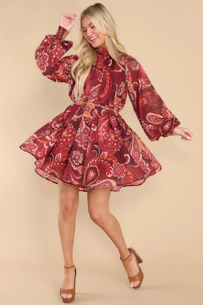 Creative Dreamer Burgundy Multi Print Dress | Red Dress 
