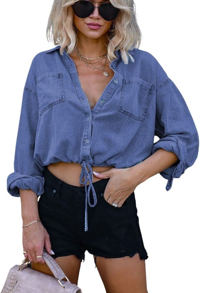 Kwoki Women's Cropped Denim Shirt Roll Up 3/4 Sleeve Casual Loose Crop Tops Drawstring Hem Button... | Amazon (US)