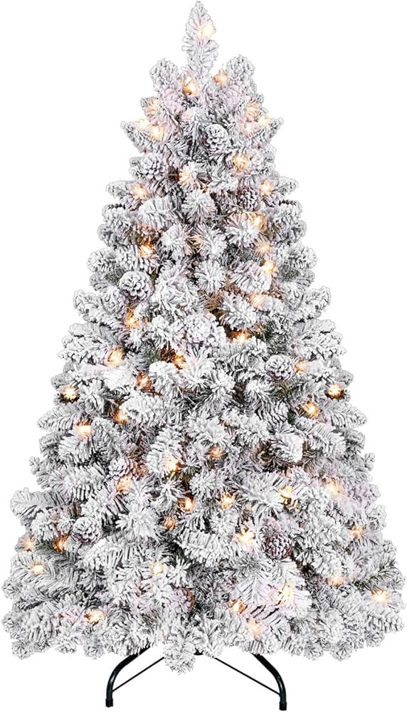 4.5 ft Prelit Flocked Christmas Tree, Mini Fake Christmas Tree with Pine Cones & 250 UL Lights, S... | Amazon (US)