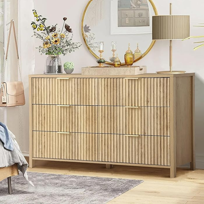 6 Drawers Fluted Double Dresser for Bedroom, 54" Wide Modern Fluted Chest of Drawers Dresser with... | Amazon (US)