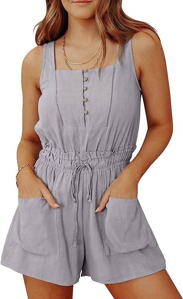Ebifin Women's Square Neck Sleeveless Henley Romper Casual Elastic Waist Shorts Jumpsuit | Amazon (US)