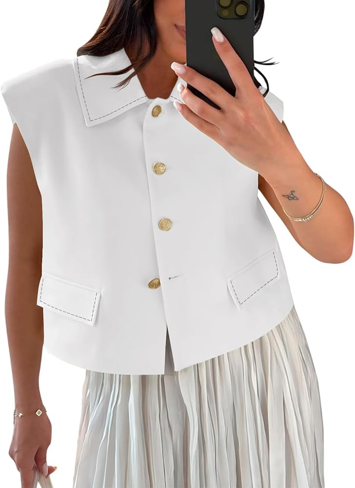 Tankaneo Womens Cropped Suit Vest Tops Cap Sleeve Lapel Collar Button Down Trendy Casual Blazer W... | Amazon (US)