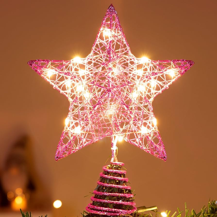Joiedomi 8 inch Christmas Glitter Star Tree Toppers, Pink Star Lighted with 20 LED Warm White Lig... | Amazon (US)