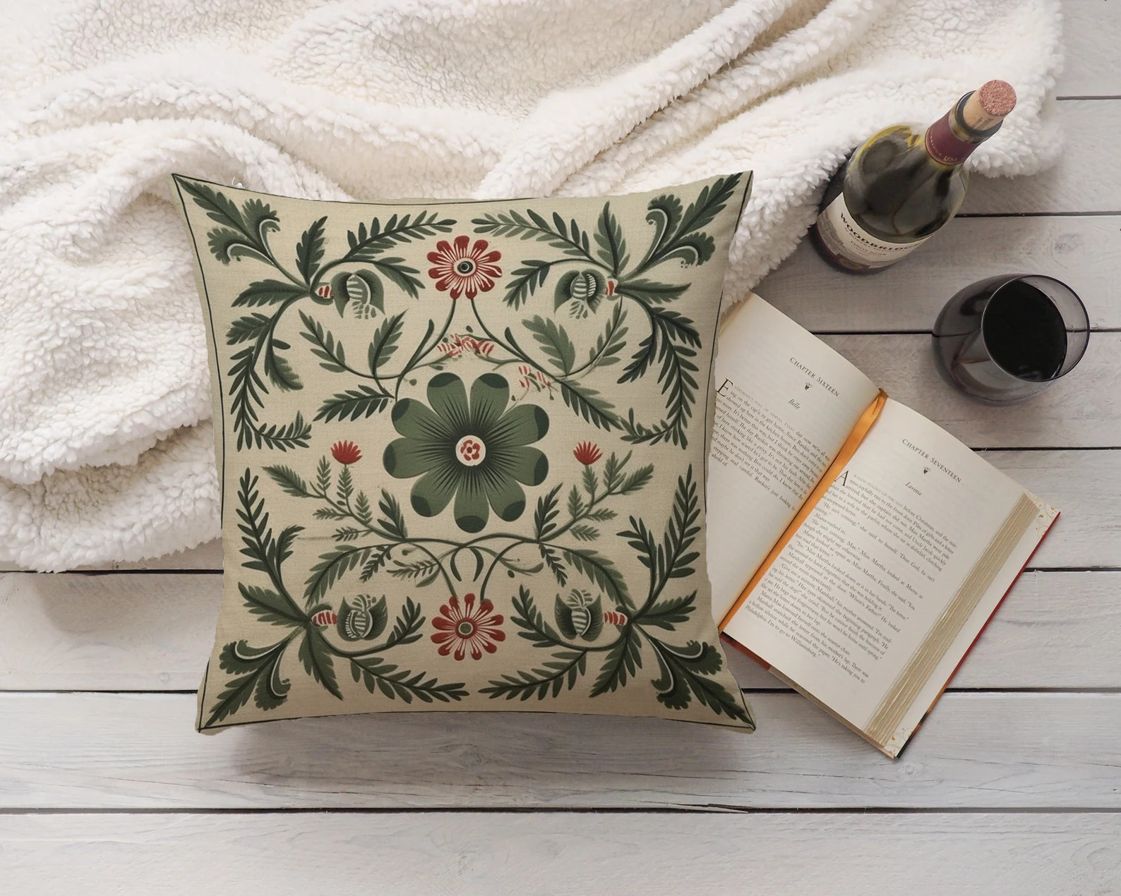 Floral Folk Art Pillow Cover in Sage Green Summer Woodland - Etsy | Etsy (US)