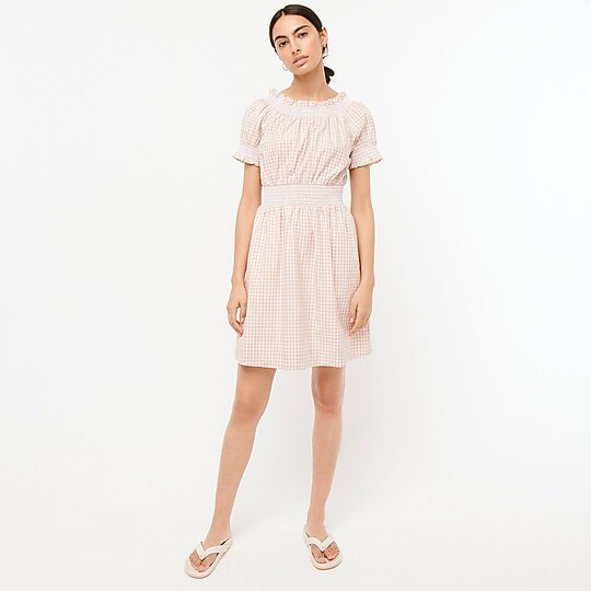 Smocked puff-sleeve cotton poplin dress in gingham | J. Crew US