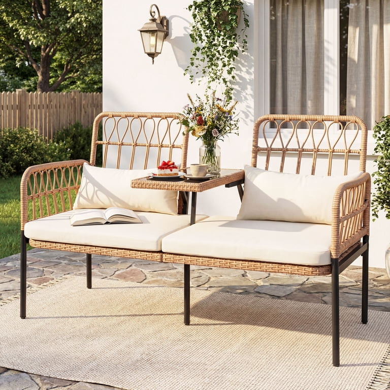 Tappio Outdoor Rattan Loveseat, Patio Rattan Conversation Set Seat Sofa Cushioned Loveseat Table ... | Walmart (US)