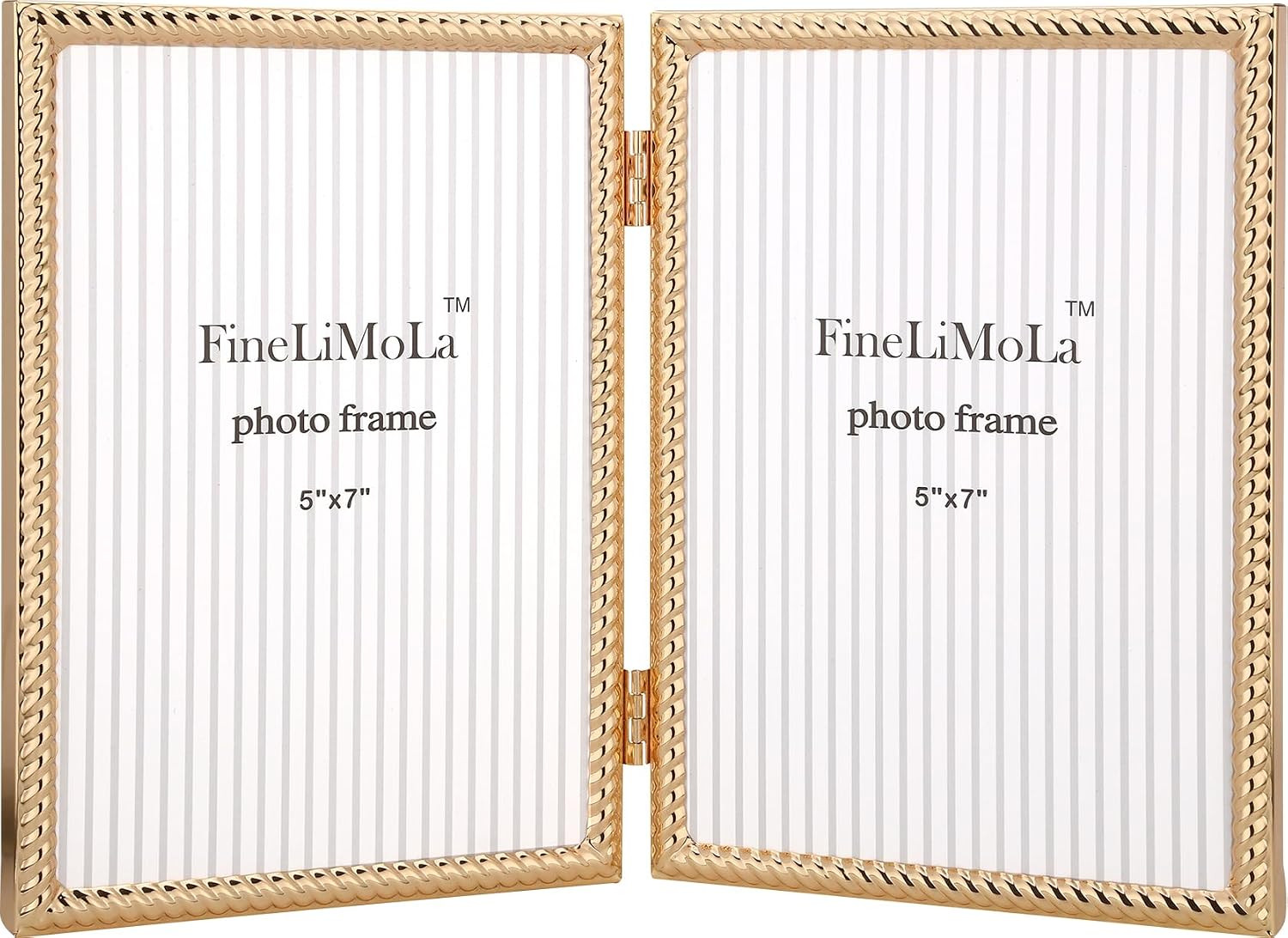 5x7''Double Frames Gold Rope Design Metal Photo Frame with black Velvet Backing and Real Glass Front,5x7'' Hinged Double Picture Frame for Tabletop and Shelf Display | Amazon (US)