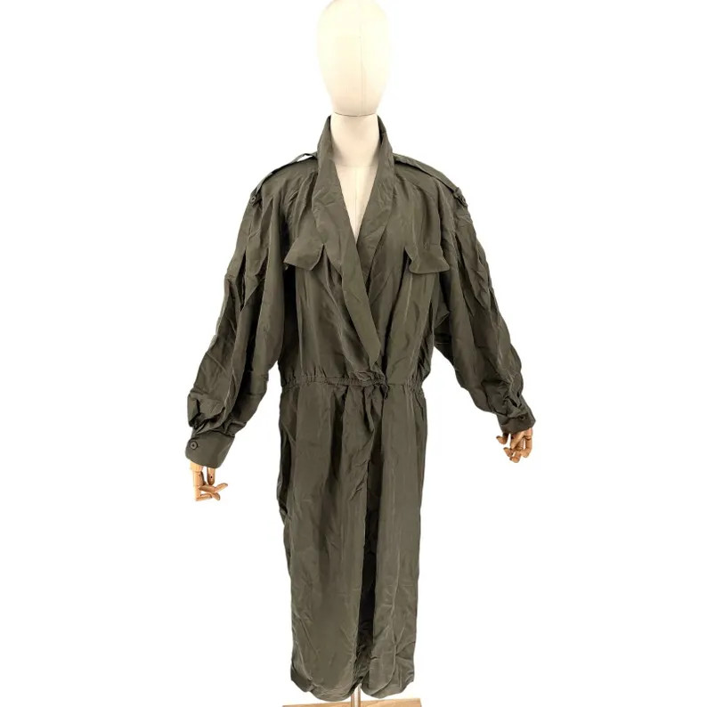 Vintage 80s Argenti Olive Green 100% Silk Lightweight Trench Coat Duster | Etsy (Global)
