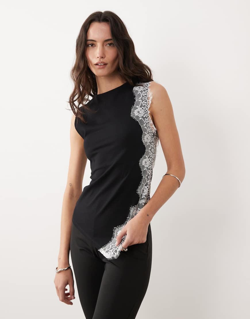 ASOS DESIGN jersey asymmetric top with white lace detailing in black | ASOS (Global)