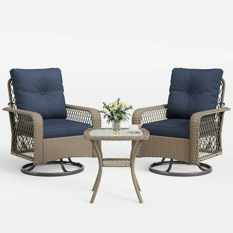 POTEBAN 3 Pieces Patio Furniture Set, Outdoor Swivel Gliders Rocker, Glass Top Side Table (Navy B... | Walmart (US)
