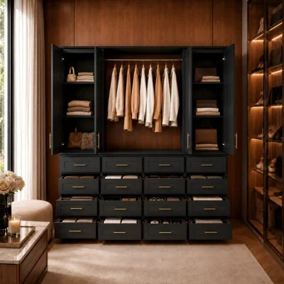 94.5'' H Black Textured Walk-In Closet Storage Cabinet With Drawers And Hanging Rod | Wayfair North America