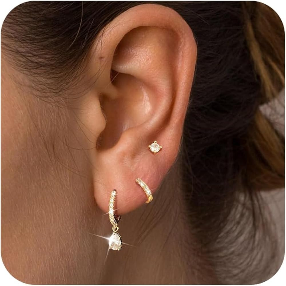 Gold Hoop Earrings for Women, Dainty 14K Gold Plated Hypoallergenic Cubic Zirconia Earring Trendy... | Amazon (US)
