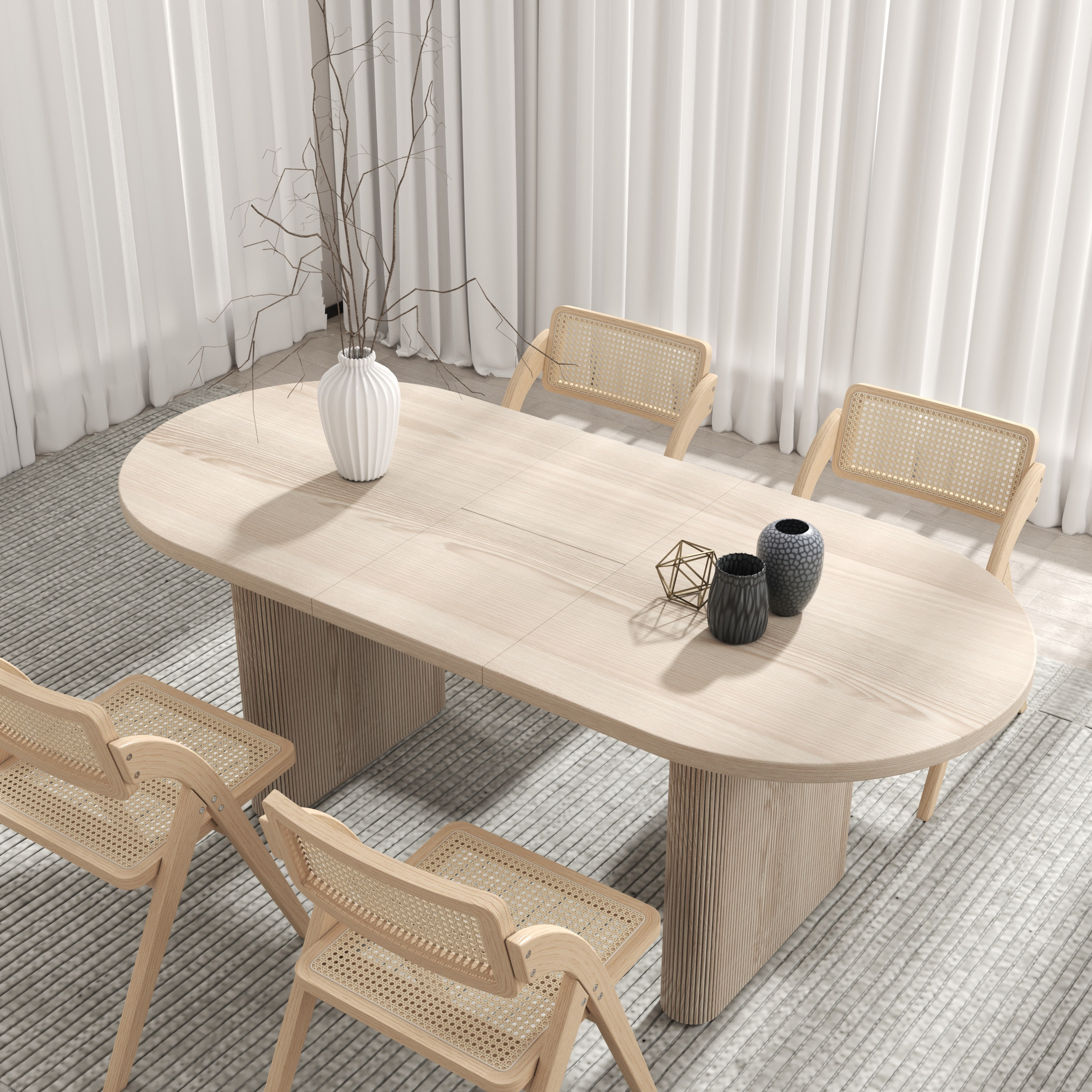 Dining Table Set 63""-79"" Oval Extendable Whitewash Dining Table & 4 Solid Wood Dining Chairs | Homary