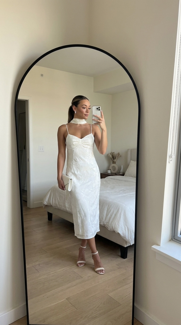 White Satin Midi Dress with Neck Scarf

A modern satin midi dress with neck scarf that's perfect for rehearsal dinners, engagement parties, bridal showers, honeymoon dinners, courthouse weddings, and bridal events. 

 #LTKWedding