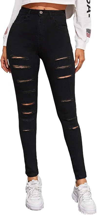 SweatyRocks Women's Hight Waisted Stretch Ripped Skinny Jeans Distressed Denim Pants | Amazon (US)