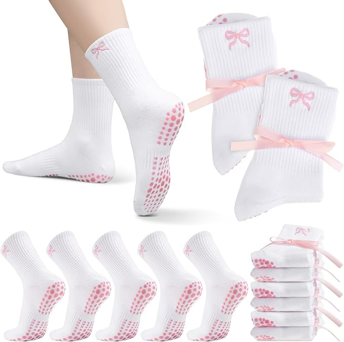 Jeyiour 5 Pairs Coquette Bow Socks for Women Cute Non-slip Pure Cotton Socks with Embroidered for... | Amazon (US)