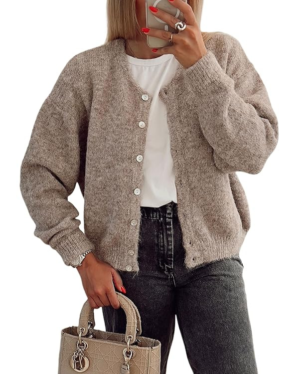 Women's Long Sleeve Front Button Y2k Cardigan Sweaters Crew Neck Loose 2024 Fall Tops | Amazon (US)
