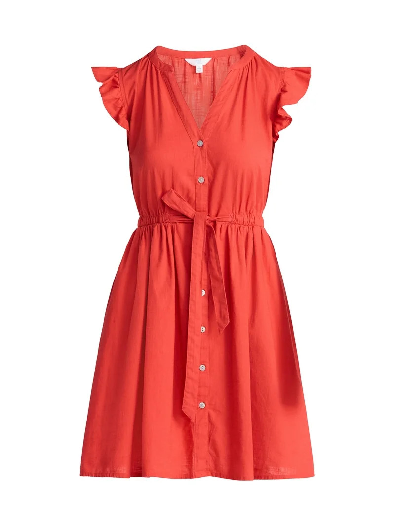 Time and Tru Women's and Women's Plus Button Front Cotton Mini Dress with Flutter Sleeves, Sizes ... | Walmart (US)