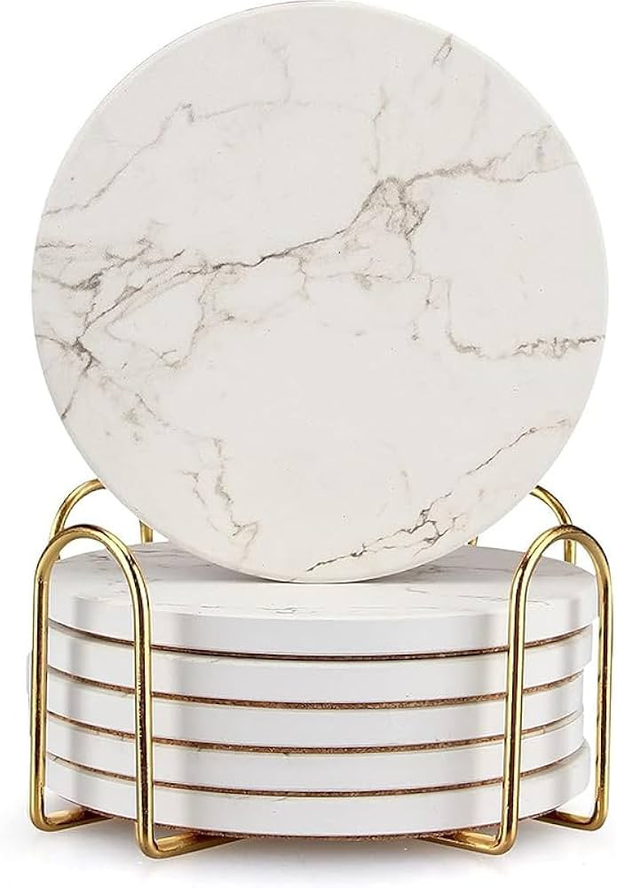 6 Pcs White Marble Coaster Set with Holder Absorbent Coasters Drink Coasters Ceramic Bar Coasters... | Amazon (US)