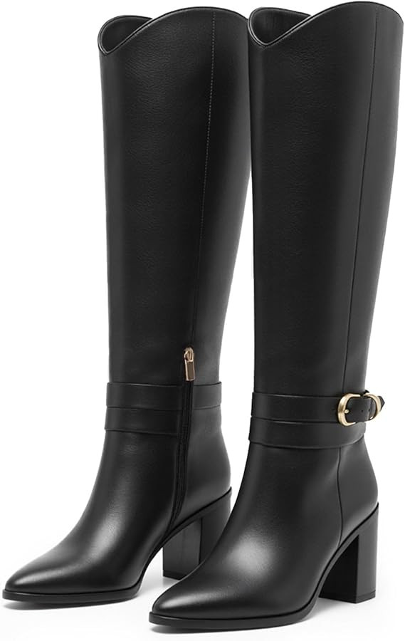 WIRALOMI Knee High Boots for Women Pointed Toe Chunky Heel Boots Metal Buckle Boots with Side Zip... | Amazon (US)