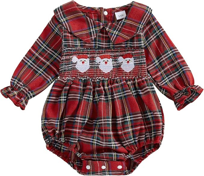 Adobabirl Baby Girl Christmas Outfit Santa Claus Bubble Romper Long Sleeve Embroidery Plaid Jumps... | Amazon (US)